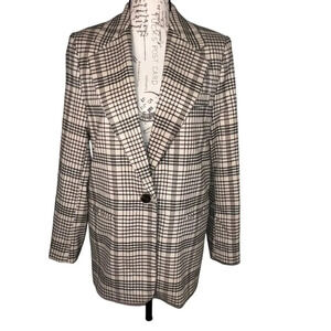 MNG Mango, S, tan black plaid long sleeve single button padded knit blazer ￼